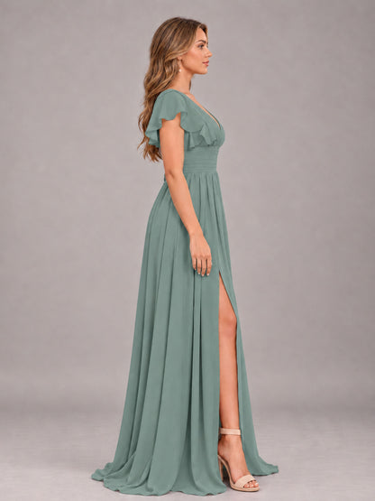 Eucalyptus Sexy V-Neck Slit Floor Length Bridesmaid Dress With Pockets