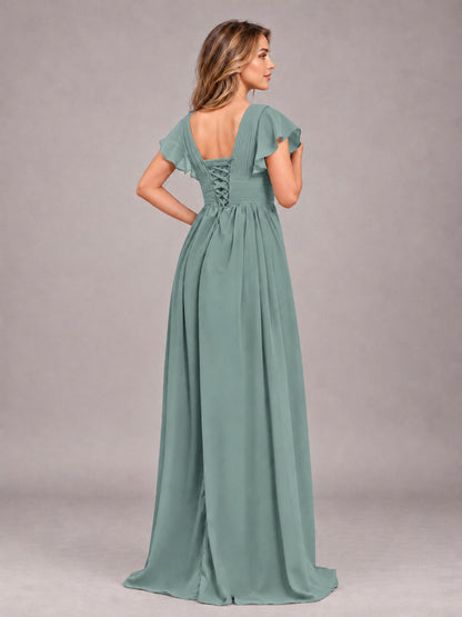 Eucalyptus Sexy V-Neck Slit Floor Length Bridesmaid Dress With Pockets