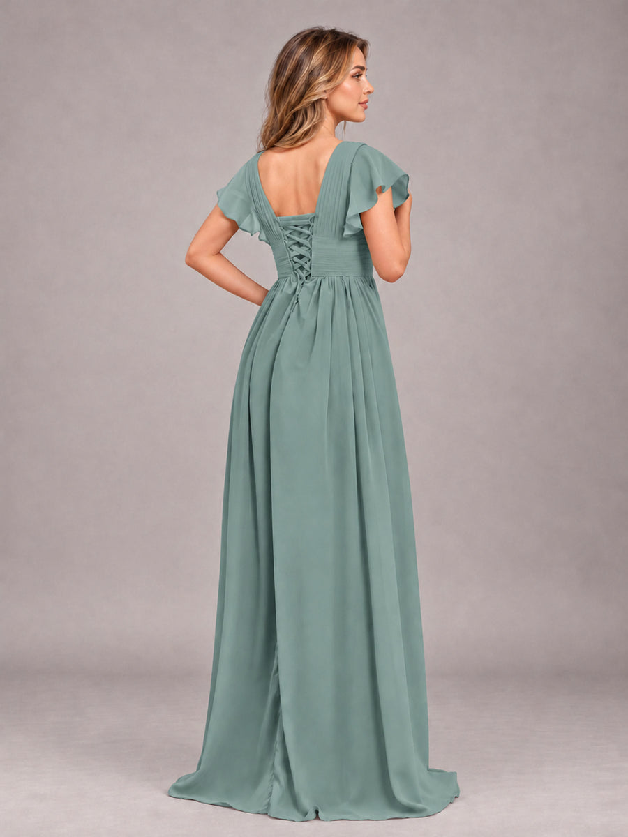 Eucalyptus Sexy V-Neck Slit Floor Length Bridesmaid Dress With Pockets