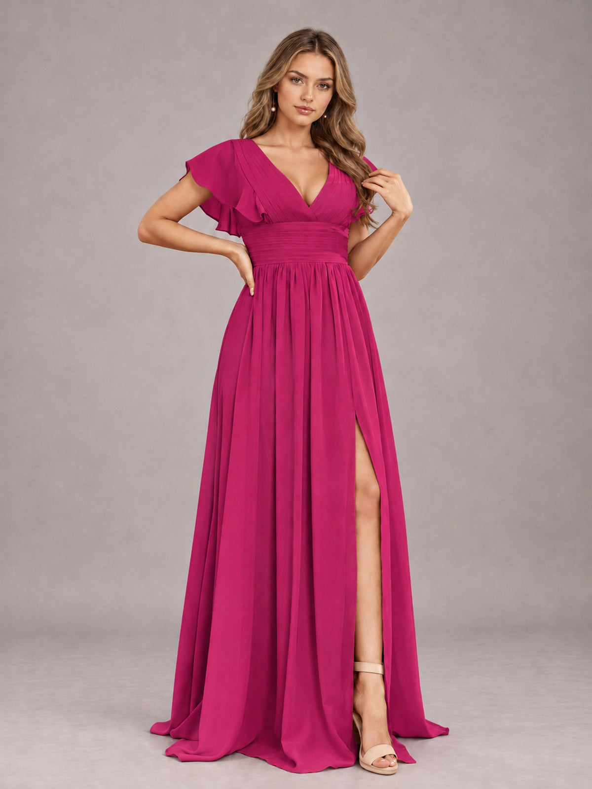Fuchsia Sexy V-Neck Slit Floor Length Bridesmaid Dress With Pockets