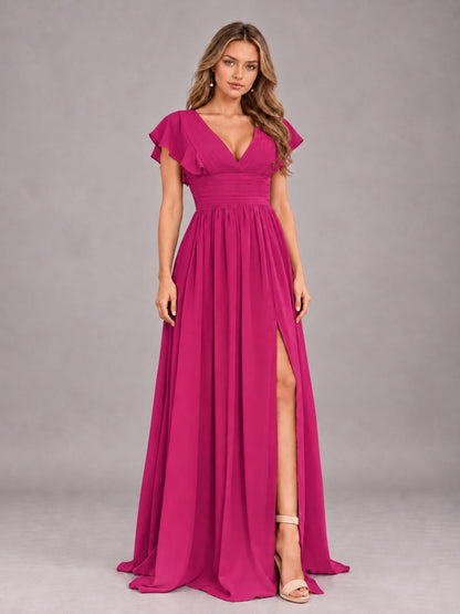 Fuchsia Sexy V-Neck Slit Floor Length Bridesmaid Dress With Pockets