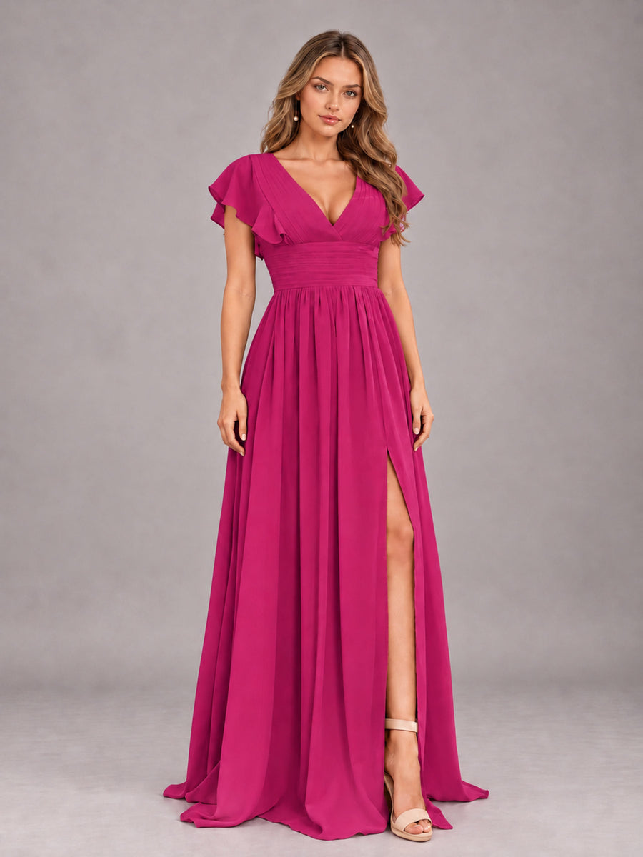 Fuchsia Sexy V-Neck Slit Floor Length Bridesmaid Dress With Pockets