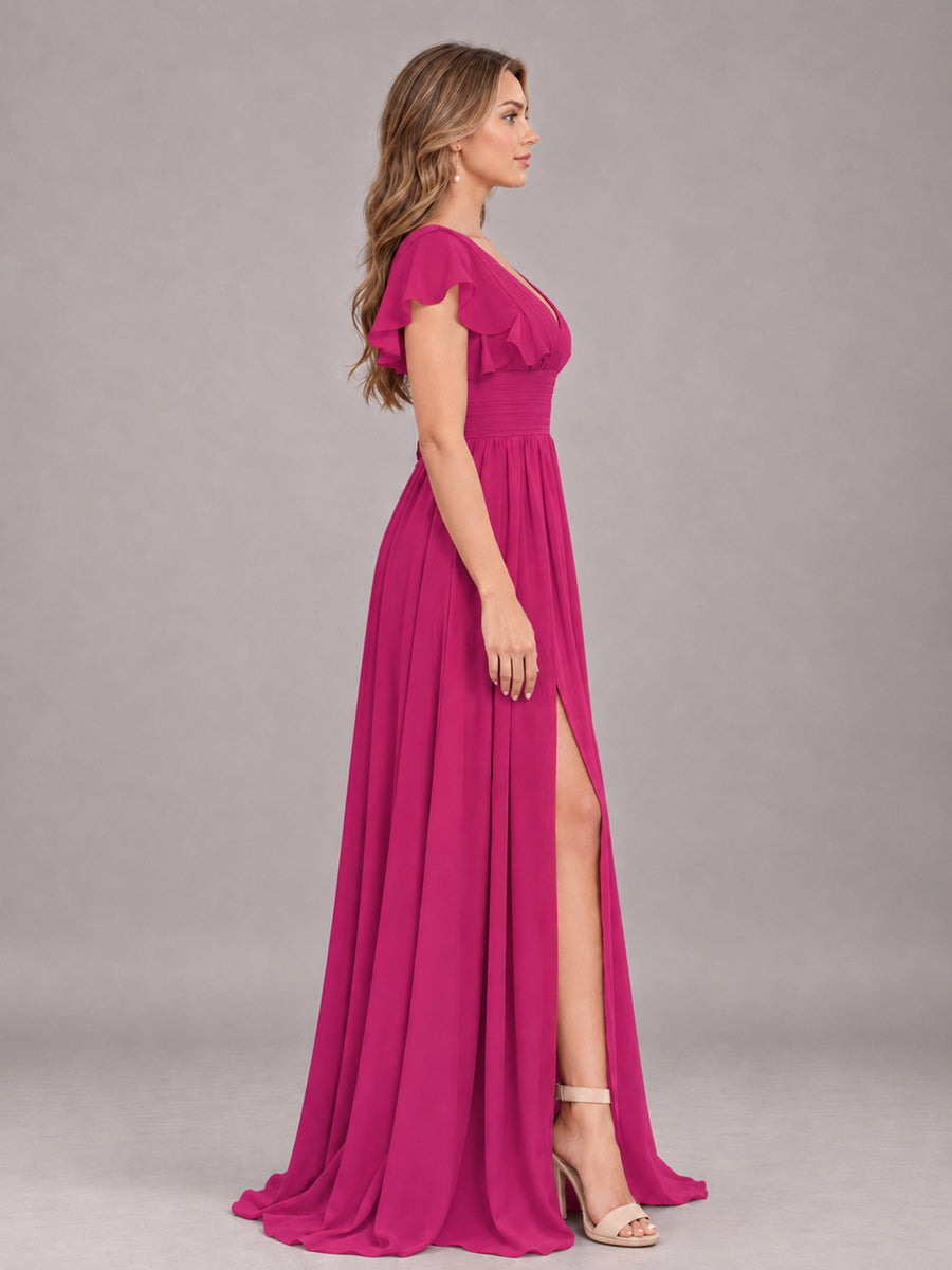 Fuchsia Sexy V-Neck Slit Floor Length Bridesmaid Dress With Pockets