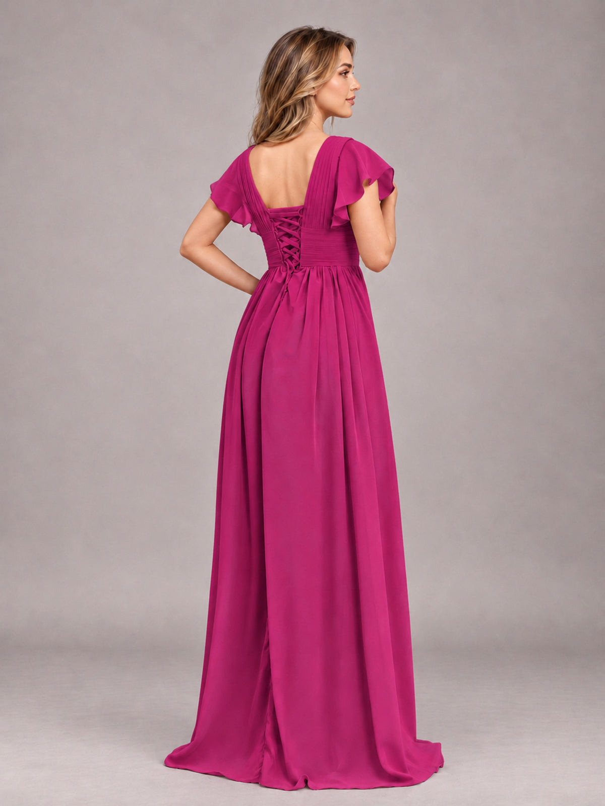 Fuchsia Sexy V-Neck Slit Floor Length Bridesmaid Dress With Pockets