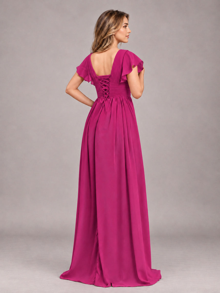 Fuchsia Sexy V-Neck Slit Floor Length Bridesmaid Dress With Pockets