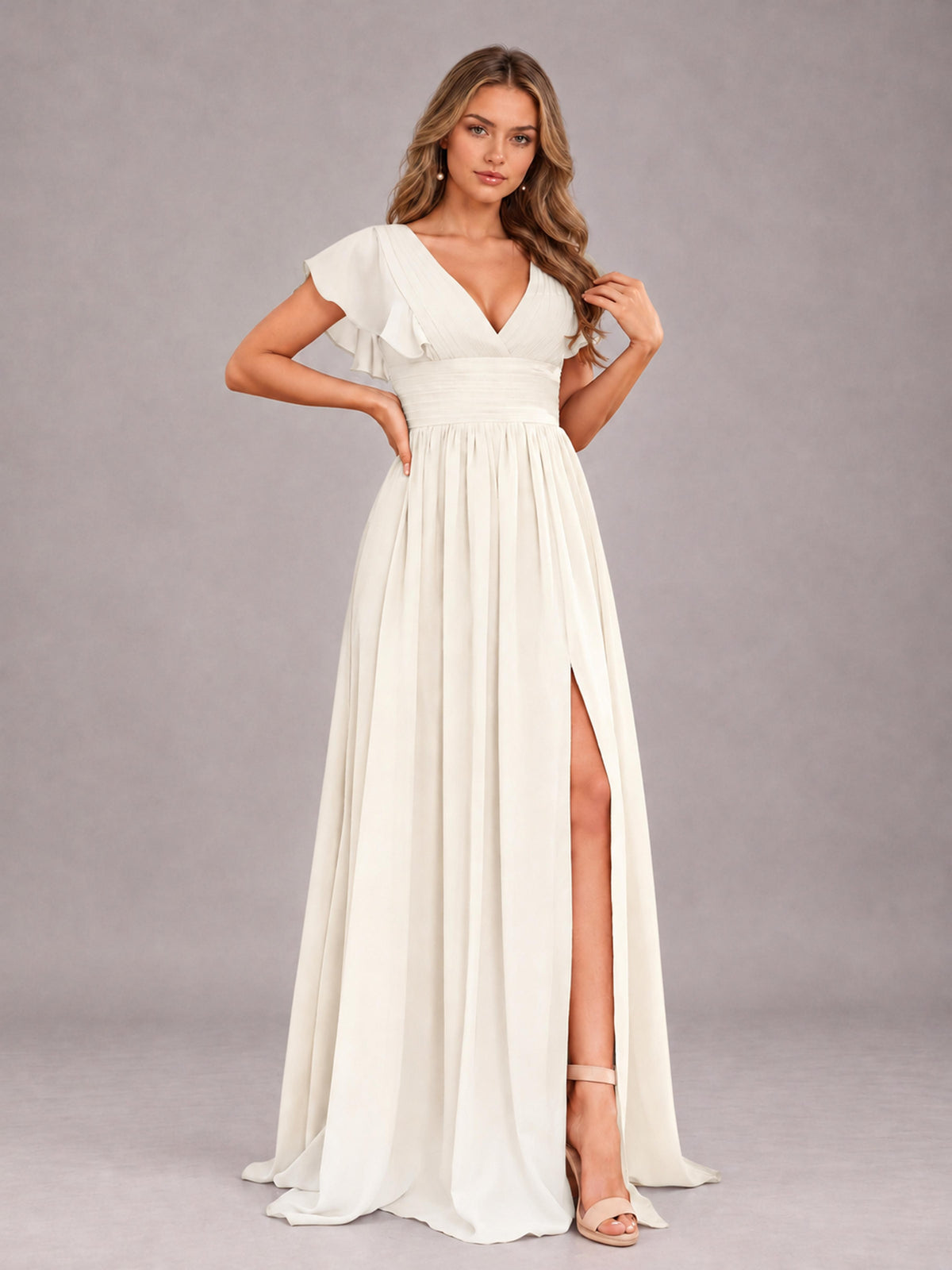 Ivory Sexy V-Neck Slit Floor Length Bridesmaid Dress With Pockets