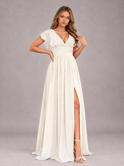 Ivory Sexy V-Neck Slit Floor Length Bridesmaid Dress With Pockets