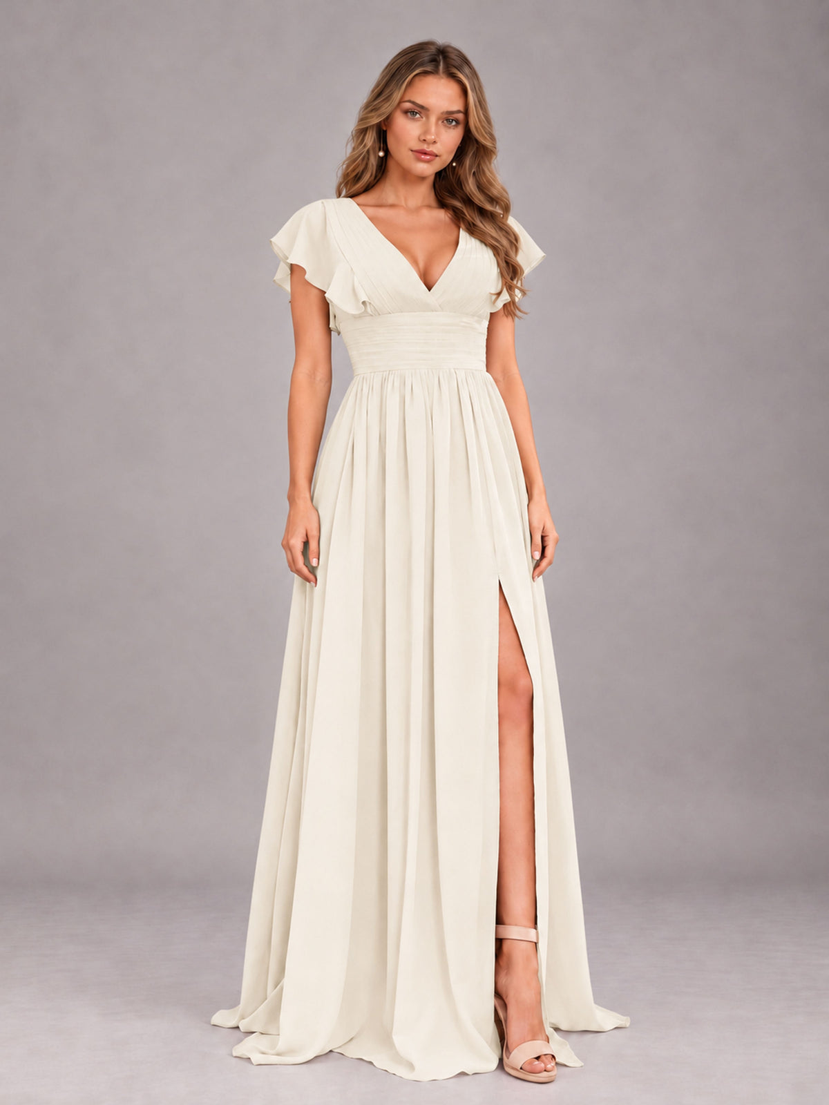 Ivory Sexy V-Neck Slit Floor Length Bridesmaid Dress With Pockets