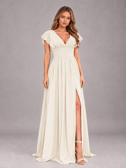 Ivory Sexy V-Neck Slit Floor Length Bridesmaid Dress With Pockets