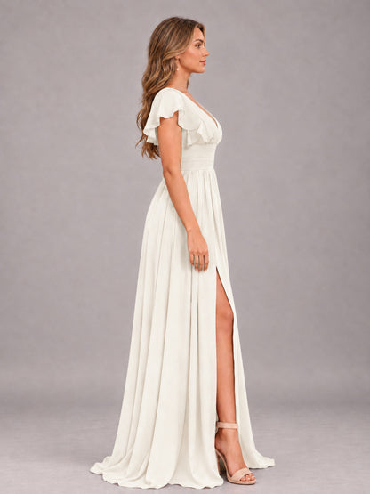 Ivory Sexy V-Neck Slit Floor Length Bridesmaid Dress With Pockets
