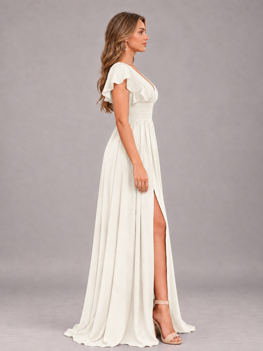 Ivory Sexy V-Neck Slit Floor Length Bridesmaid Dress With Pockets