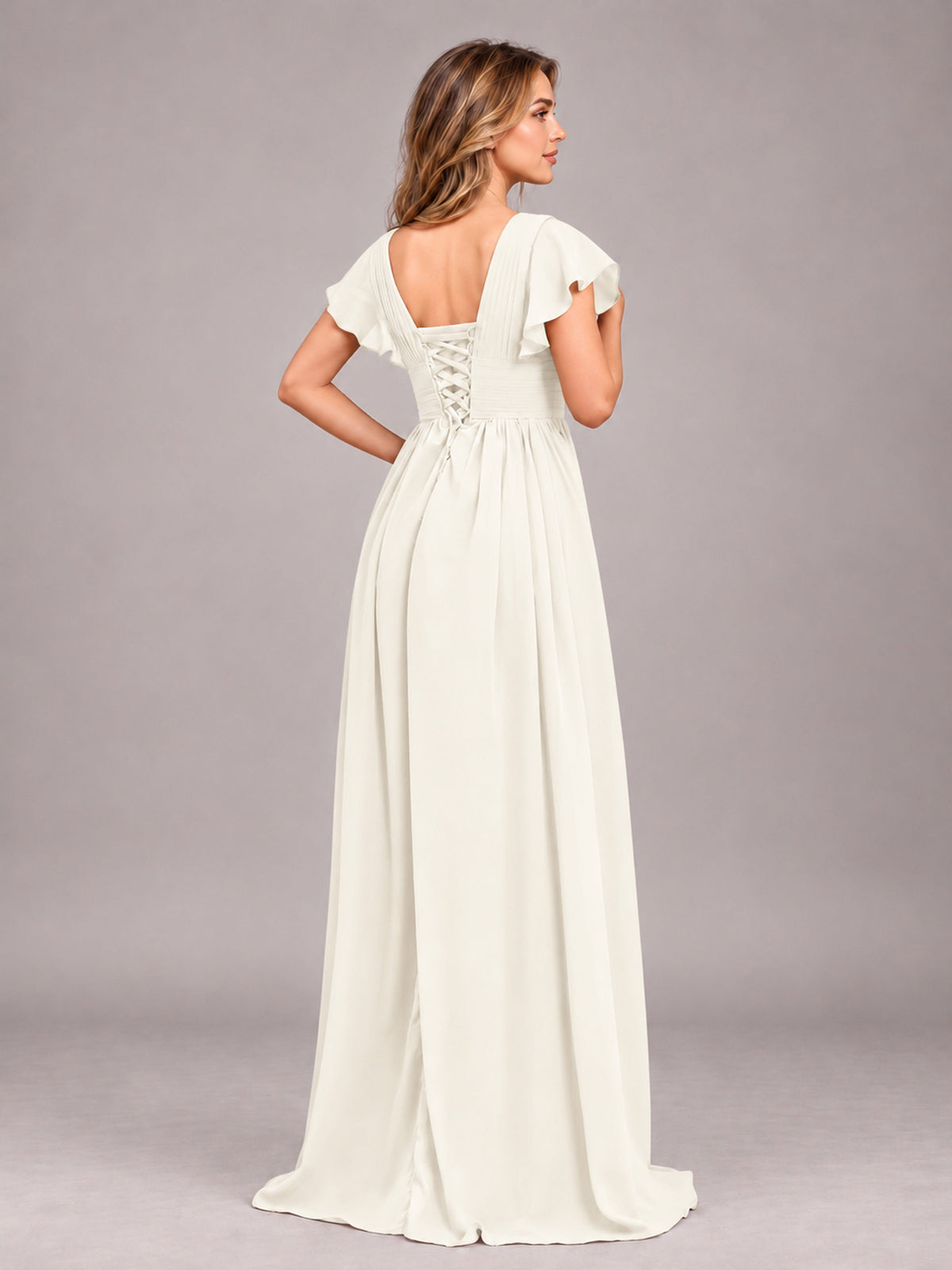 Ivory Sexy V-Neck Slit Floor Length Bridesmaid Dress With Pockets