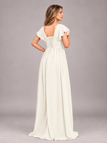 Ivory Sexy V-Neck Slit Floor Length Bridesmaid Dress With Pockets