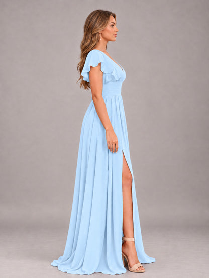 Light Blue Sexy V-Neck Slit Floor Length Bridesmaid Dress With Pockets