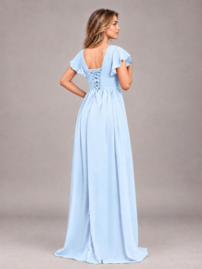 Light Blue Sexy V-Neck Slit Floor Length Bridesmaid Dress With Pockets