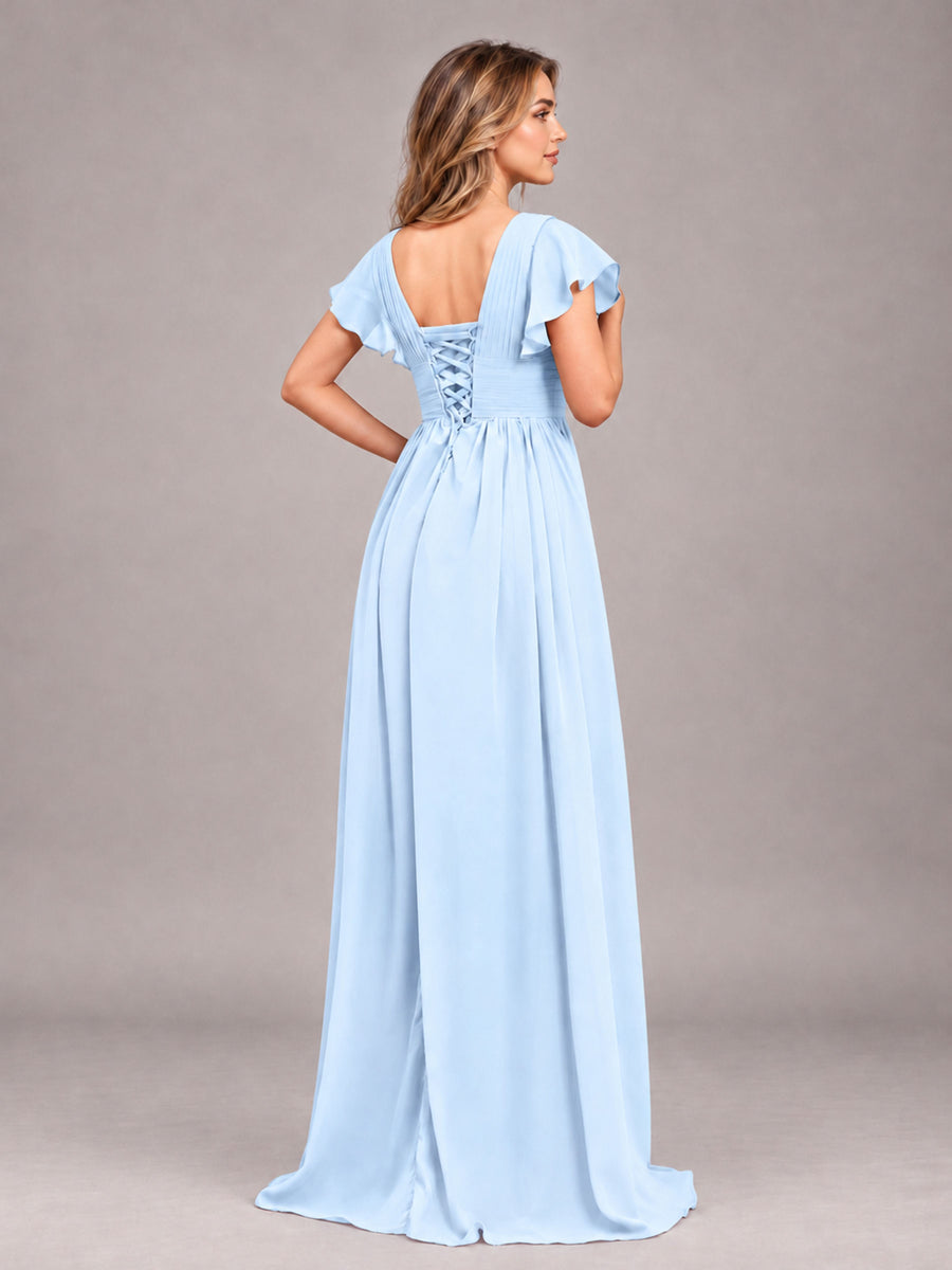 Light Blue Sexy V-Neck Slit Floor Length Bridesmaid Dress With Pockets