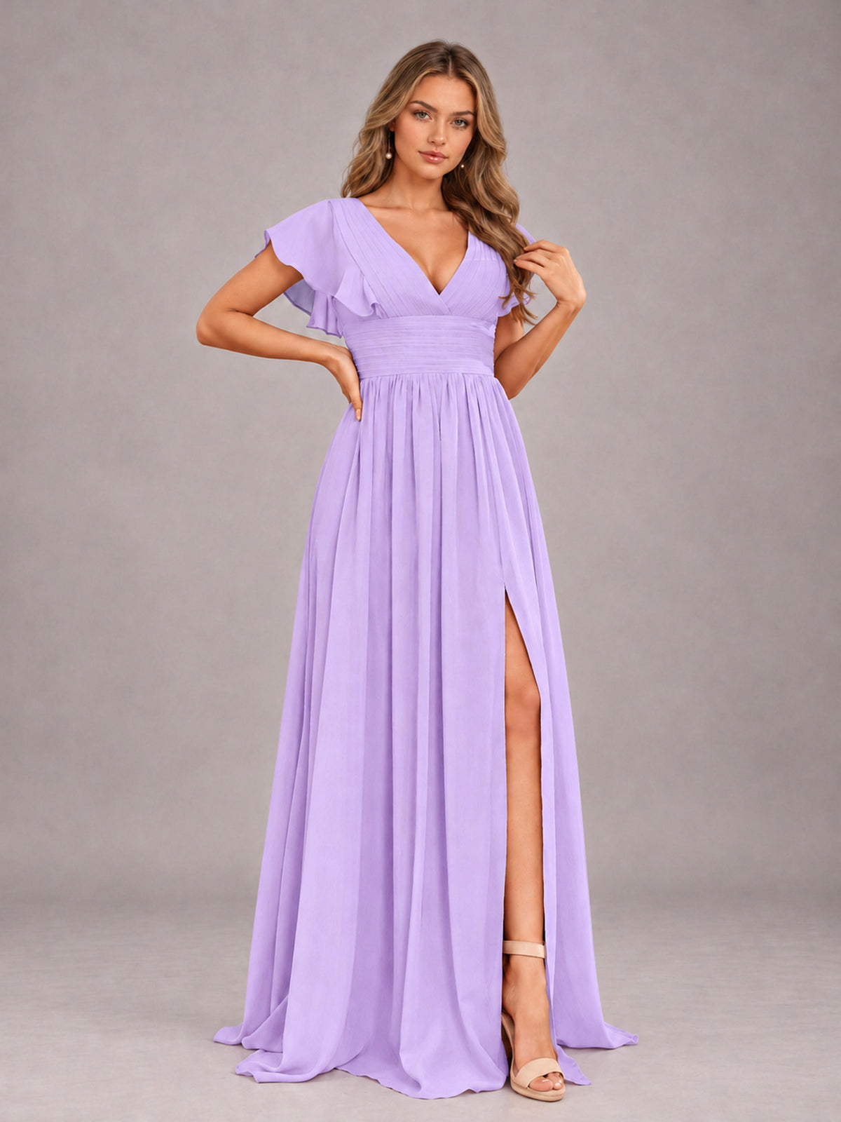 Lilac Sexy V-Neck Slit Floor Length Bridesmaid Dress With Pockets