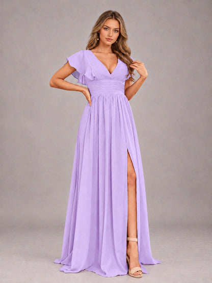 Lilac Sexy V-Neck Slit Floor Length Bridesmaid Dress With Pockets