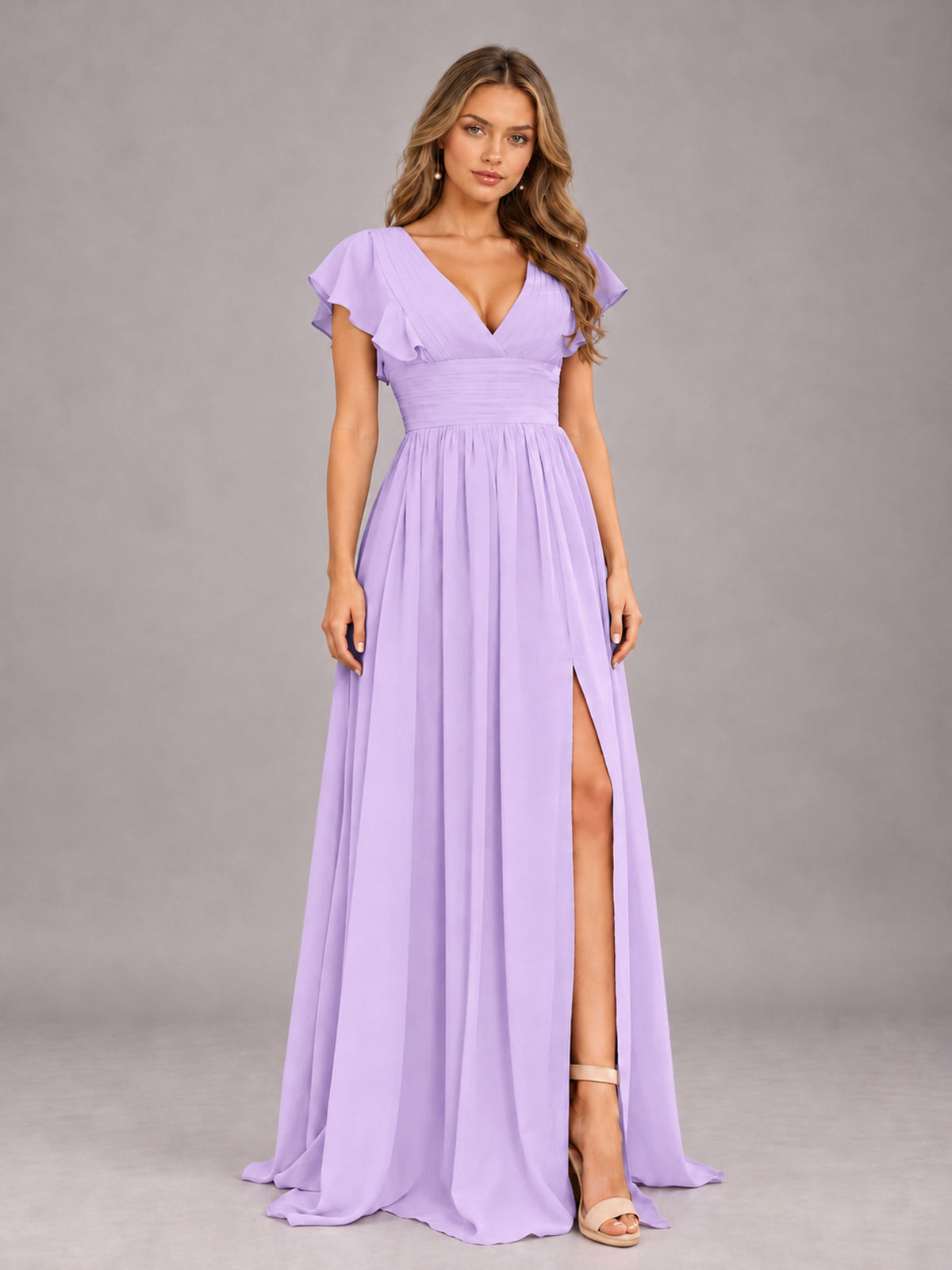 Lilac Sexy V-Neck Slit Floor Length Bridesmaid Dress With Pockets