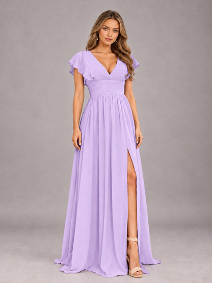 Lilac Sexy V-Neck Slit Floor Length Bridesmaid Dress With Pockets