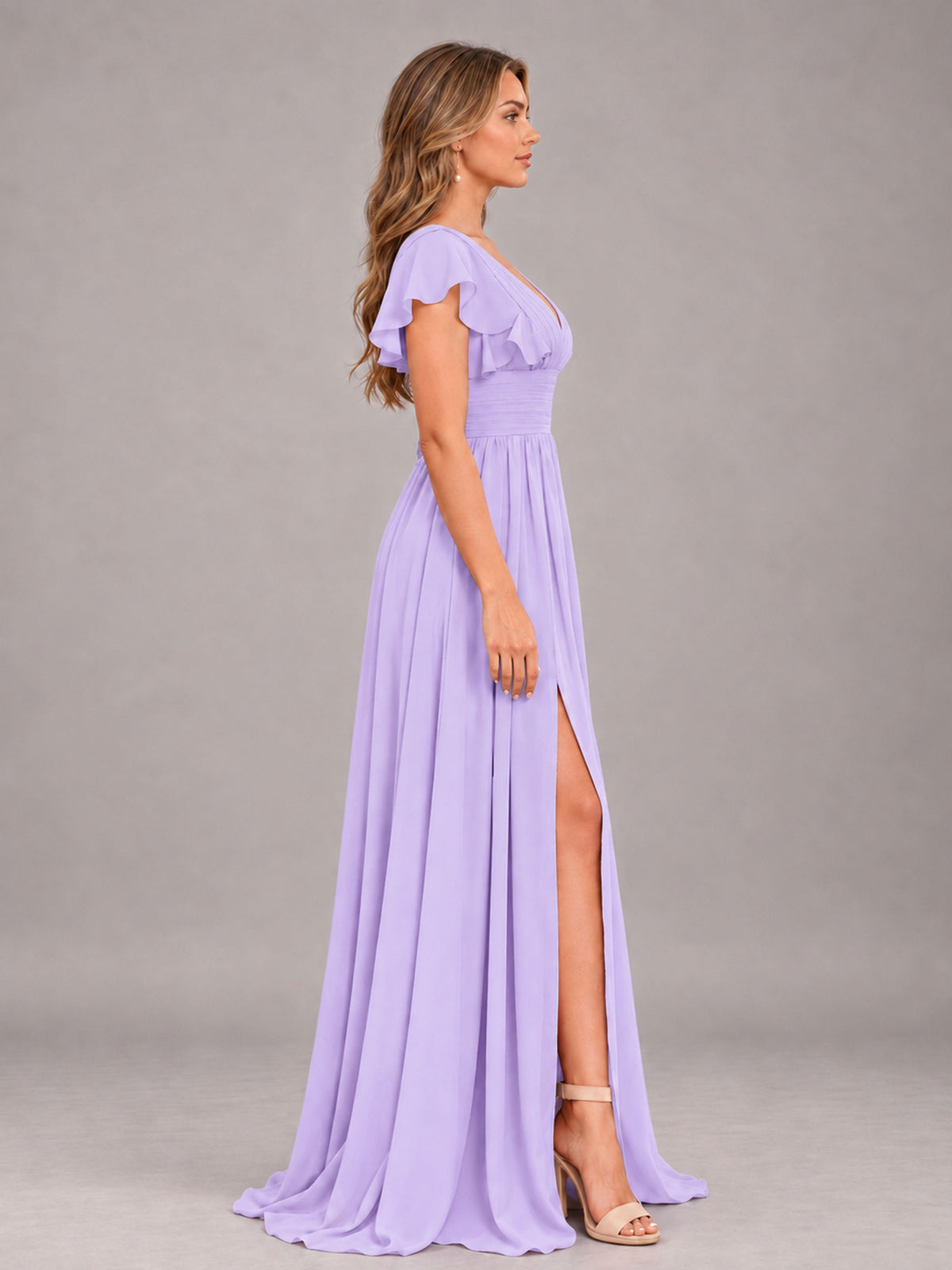 Lilac Sexy V-Neck Slit Floor Length Bridesmaid Dress With Pockets