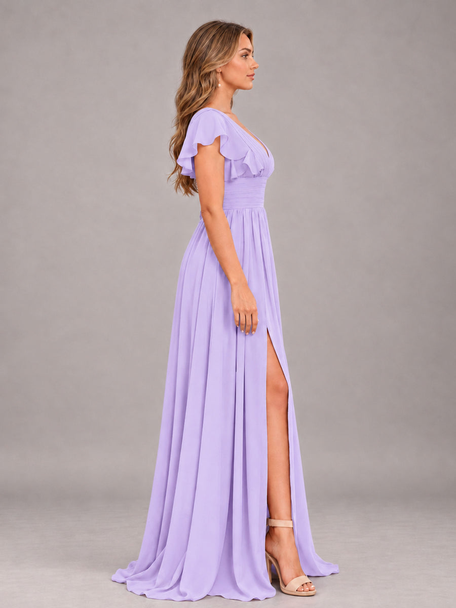Lilac Sexy V-Neck Slit Floor Length Bridesmaid Dress With Pockets