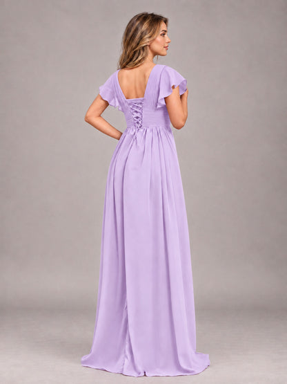 Lilac Sexy V-Neck Slit Floor Length Bridesmaid Dress With Pockets