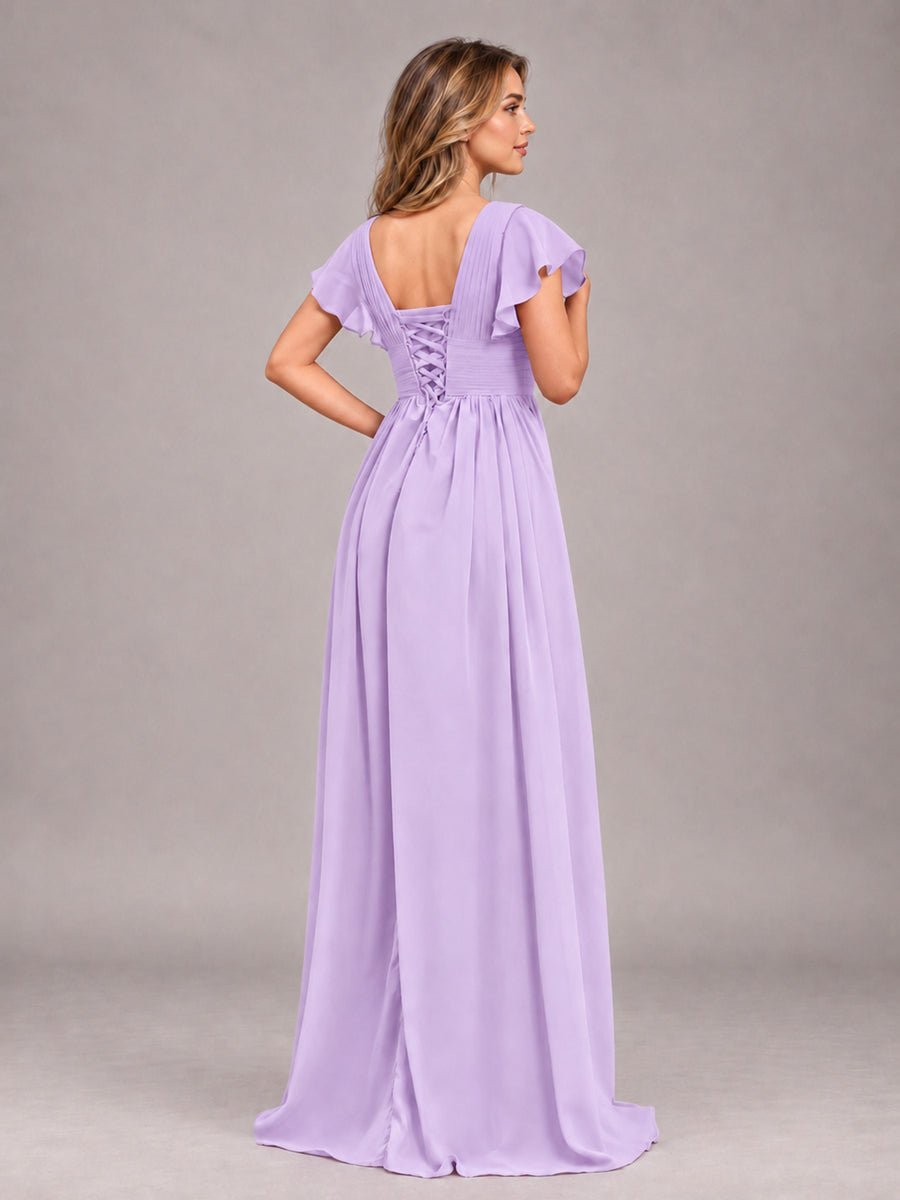 Lilac Sexy V-Neck Slit Floor Length Bridesmaid Dress With Pockets