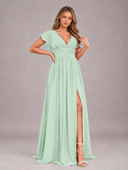 Mint Green Sexy V-Neck Slit Floor Length Bridesmaid Dress With Pockets