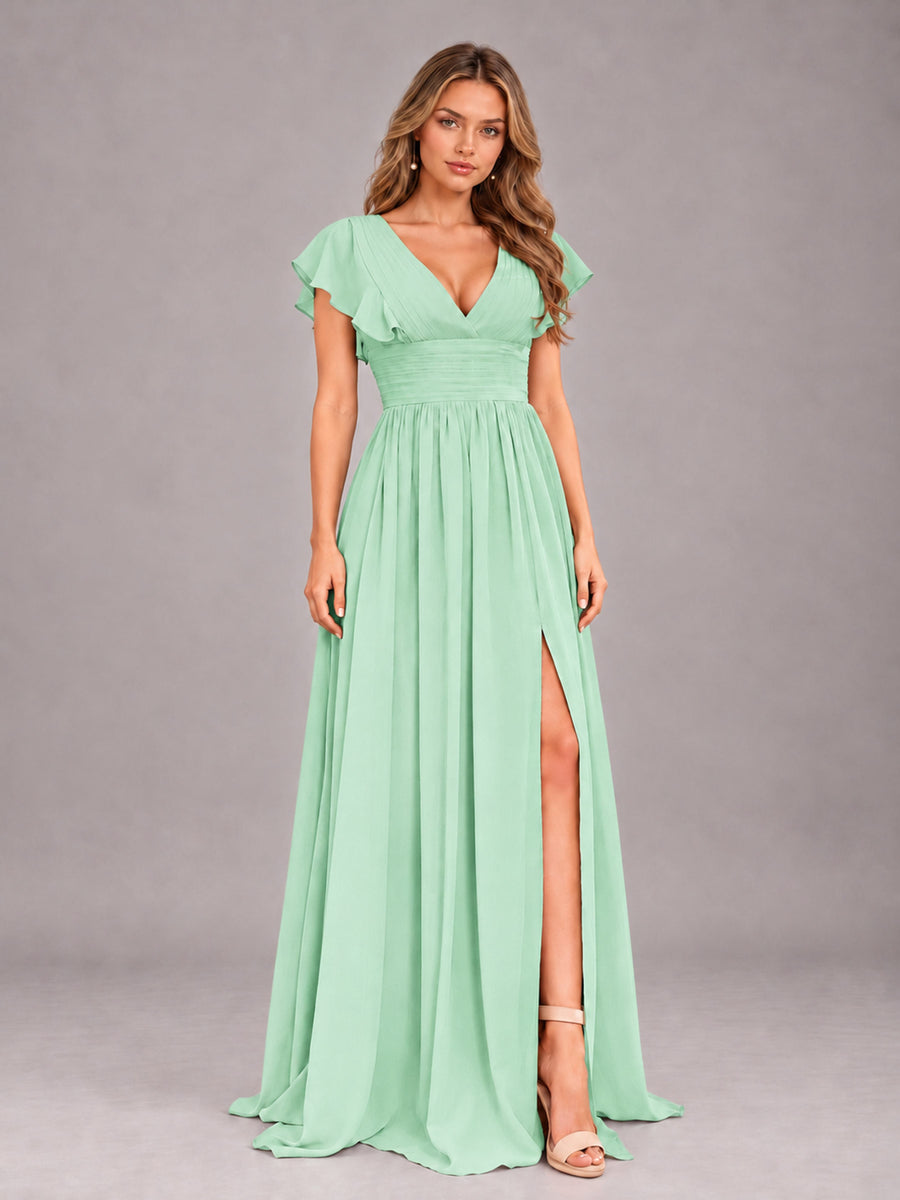 Mint Green Sexy V-Neck Slit Floor Length Bridesmaid Dress With Pockets