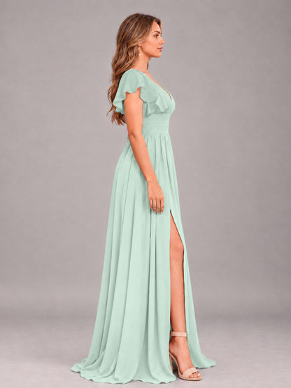 Mint Green Sexy V-Neck Slit Floor Length Bridesmaid Dress With Pockets