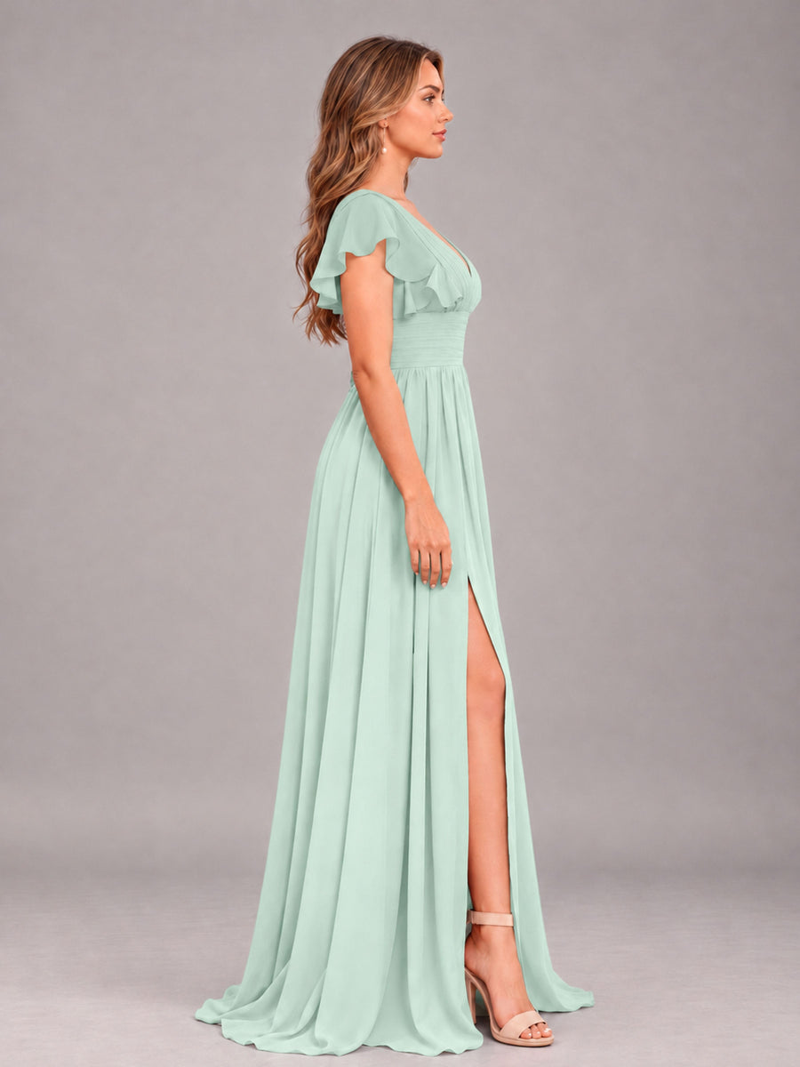 Mint Green Sexy V-Neck Slit Floor Length Bridesmaid Dress With Pockets