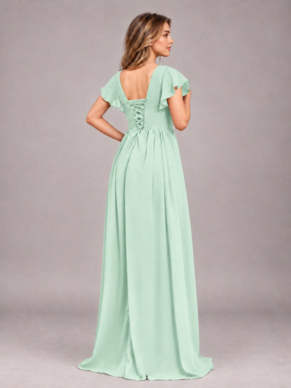 Mint Green Sexy V-Neck Slit Floor Length Bridesmaid Dress With Pockets