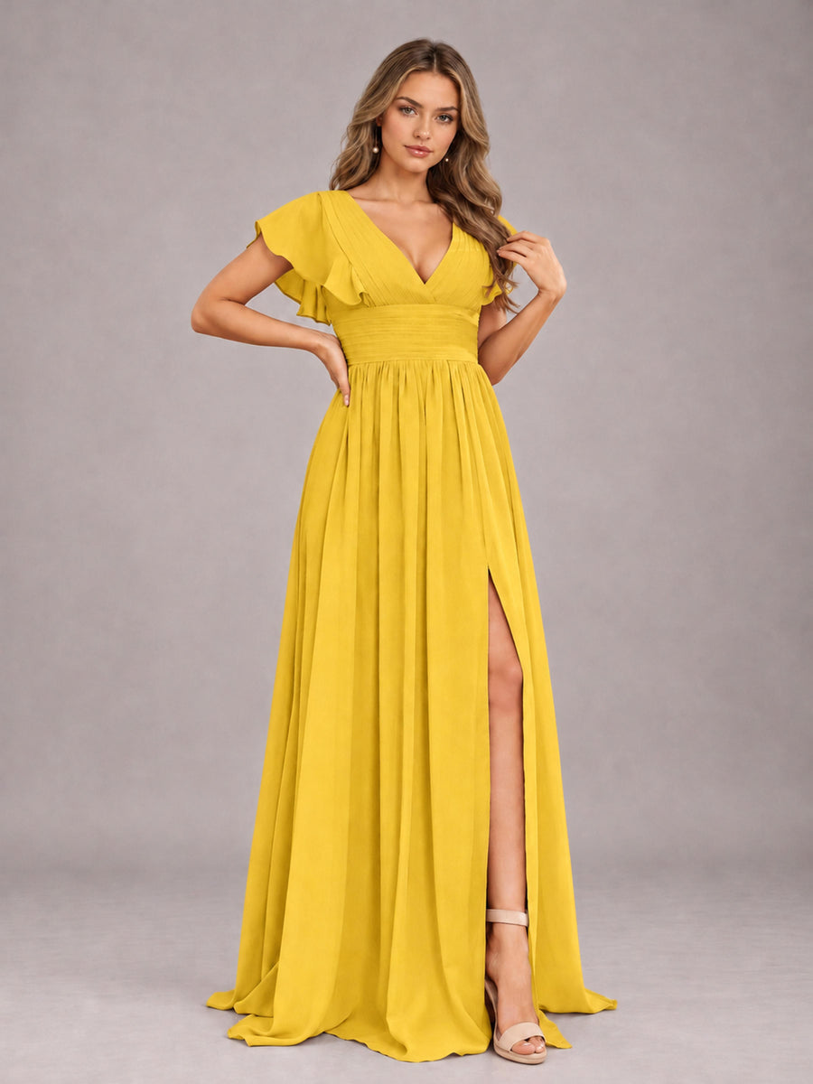 Mustard Yellow Sexy V-Neck Slit Floor Length Bridesmaid Dress With Pockets