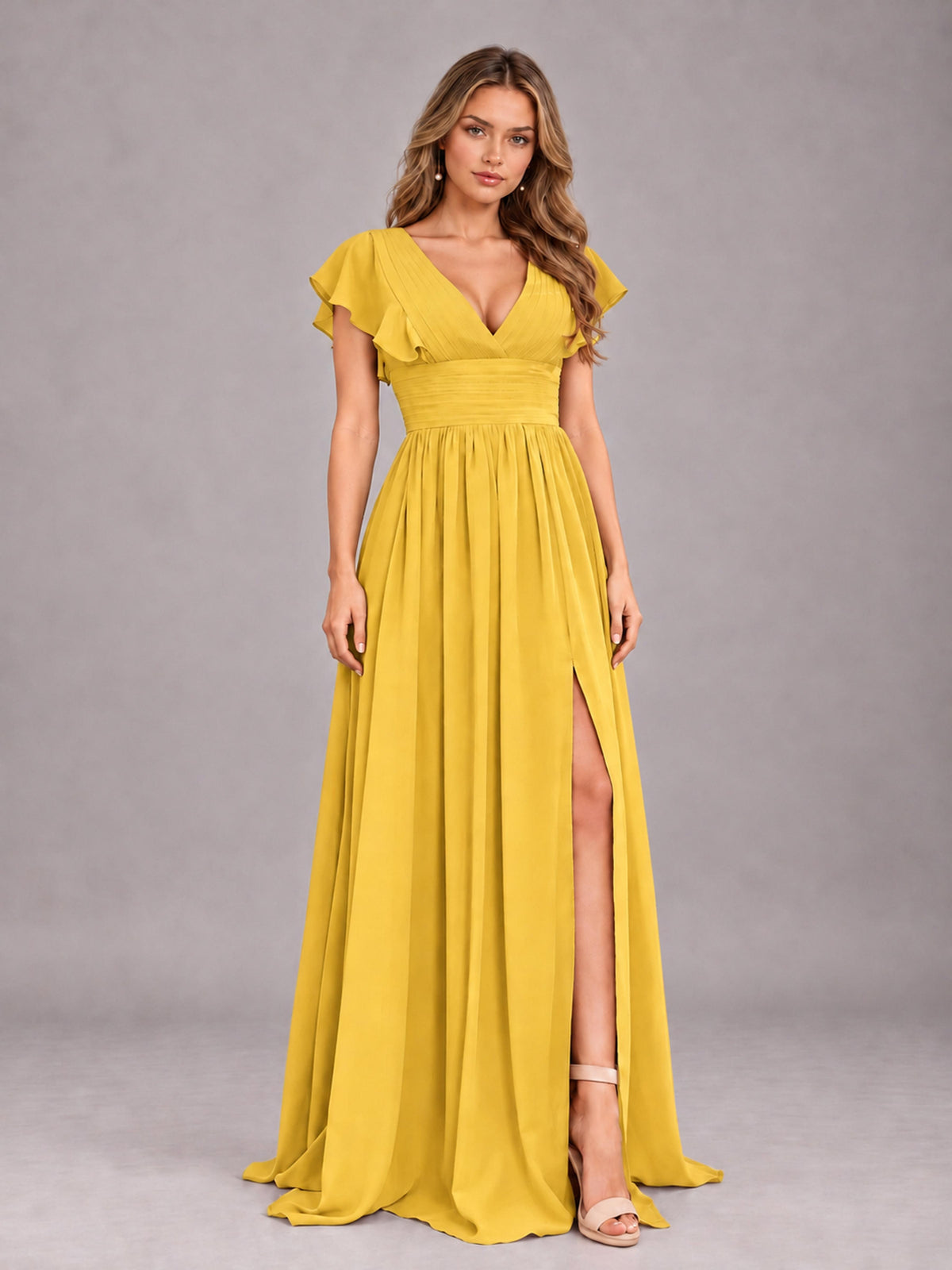 Mustard Yellow Sexy V-Neck Slit Floor Length Bridesmaid Dress With Pockets