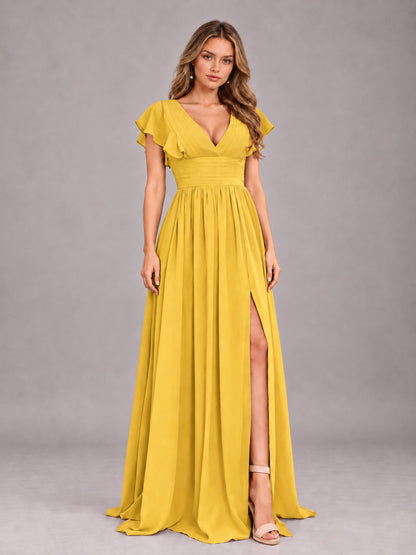Mustard Yellow Sexy V-Neck Slit Floor Length Bridesmaid Dress With Pockets