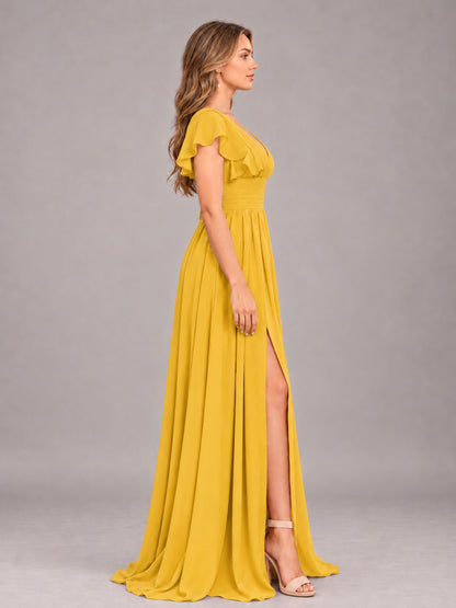 Mustard Yellow Sexy V-Neck Slit Floor Length Bridesmaid Dress With Pockets