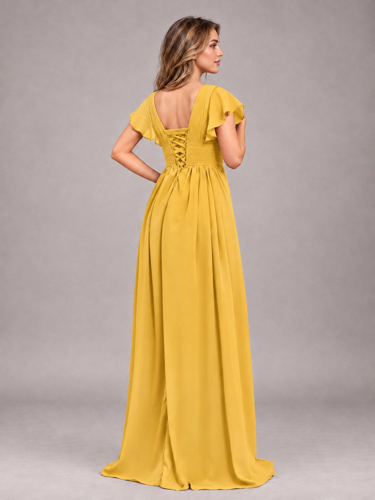 Mustard Yellow Sexy V-Neck Slit Floor Length Bridesmaid Dress With Pockets