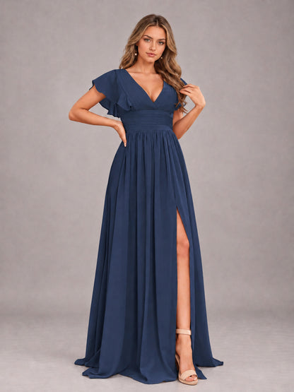 Navy Blue Sexy V-Neck Slit Floor Length Bridesmaid Dress With Pockets