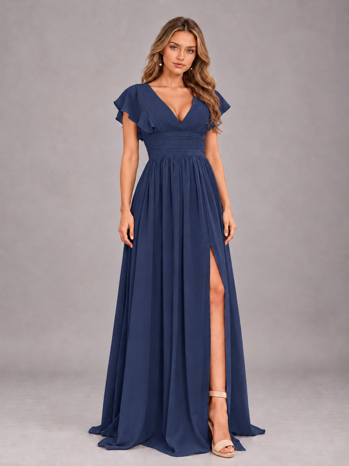 Navy Blue Sexy V-Neck Slit Floor Length Bridesmaid Dress With Pockets