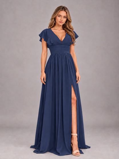 Navy Blue Sexy V-Neck Slit Floor Length Bridesmaid Dress With Pockets
