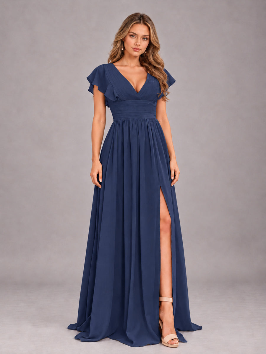 Navy Blue Sexy V-Neck Slit Floor Length Bridesmaid Dress With Pockets