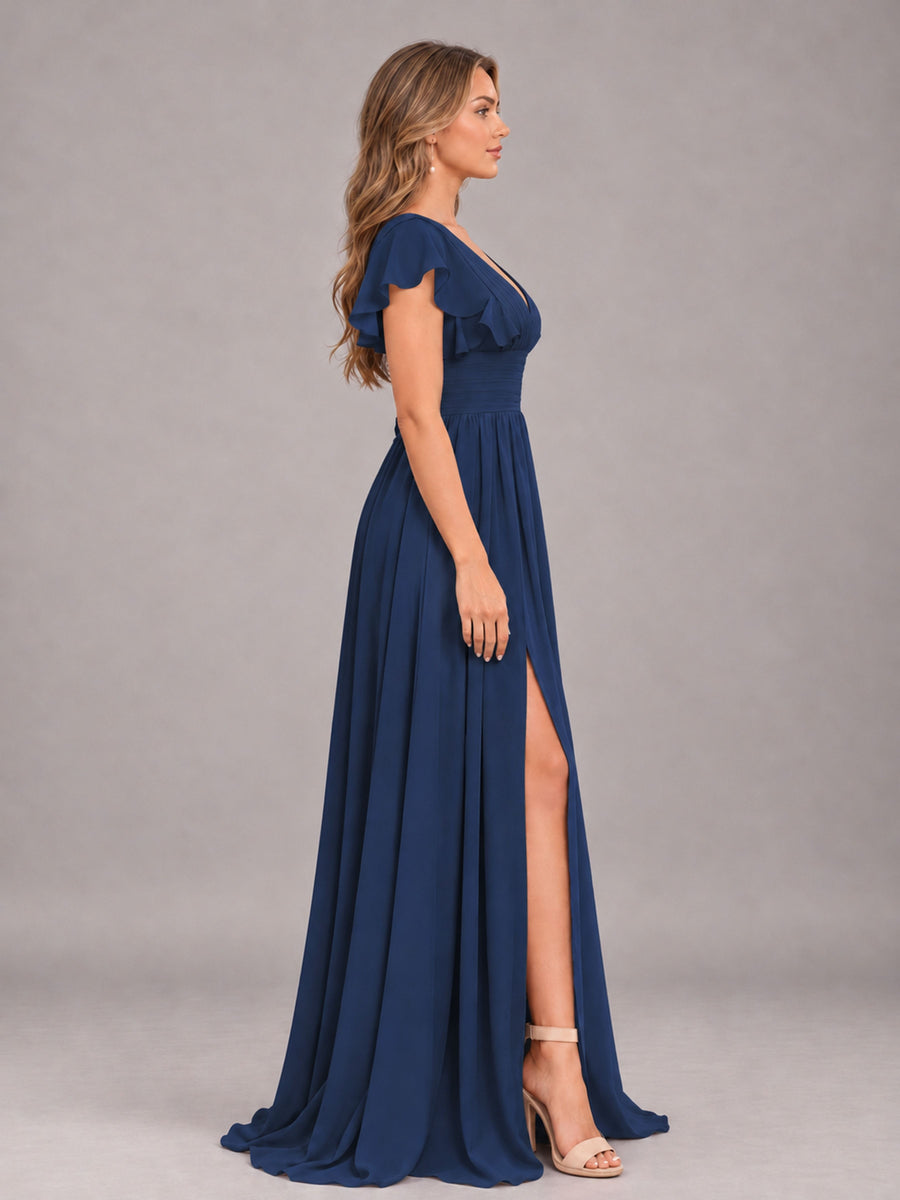 Navy Blue Sexy V-Neck Slit Floor Length Bridesmaid Dress With Pockets