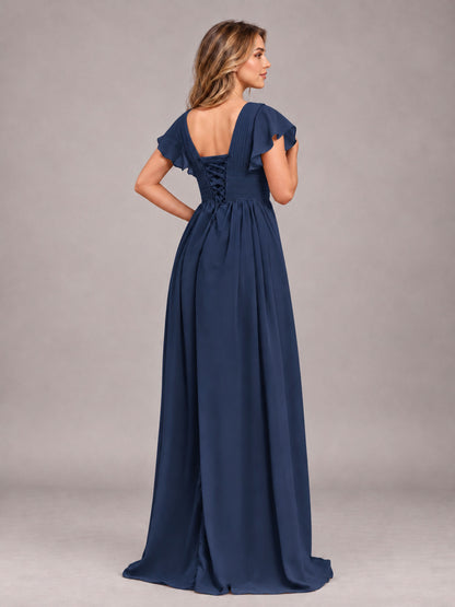 Navy Blue Sexy V-Neck Slit Floor Length Bridesmaid Dress With Pockets