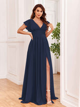 Sexy V-Neck Slit Floor Length Bridesmaid Dresses With Pockets