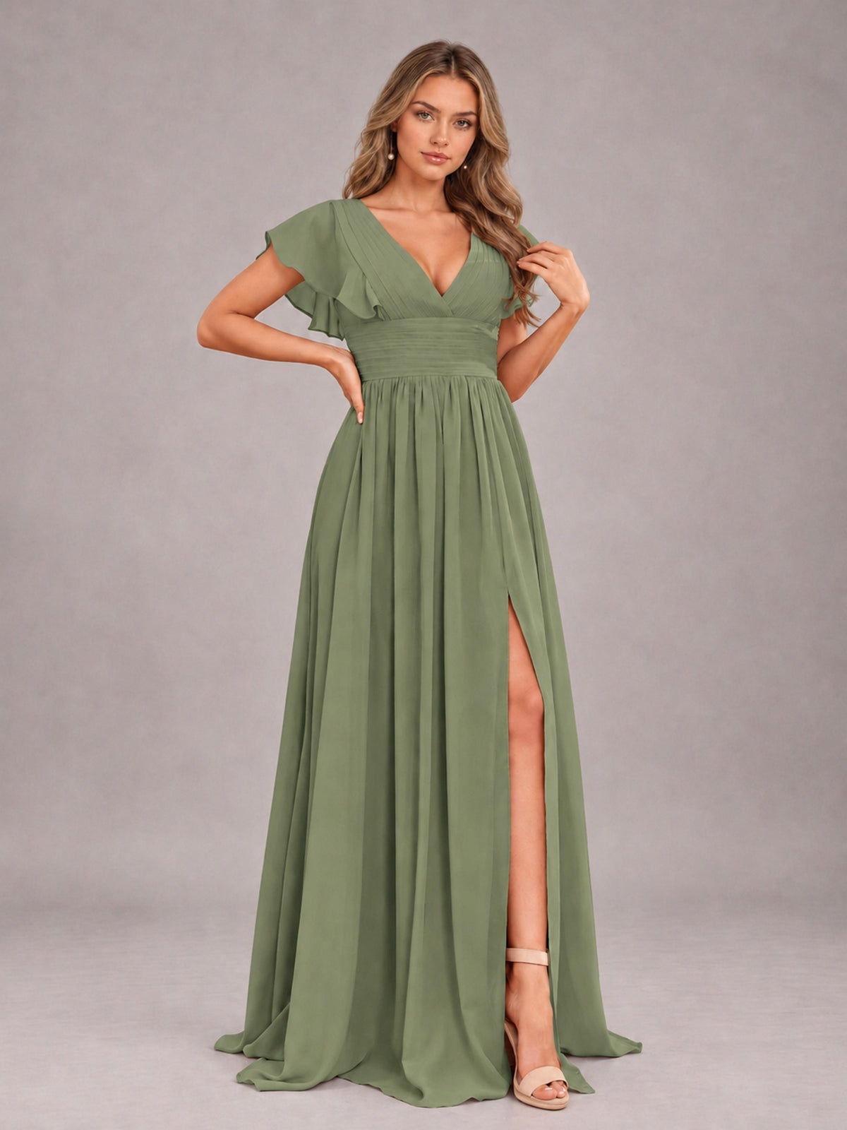 Olive Green Sexy V-Neck Slit Floor Length Bridesmaid Dress With Pockets