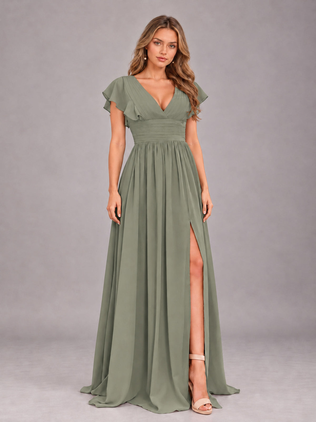 Olive Green Sexy V-Neck Slit Floor Length Bridesmaid Dress With Pockets