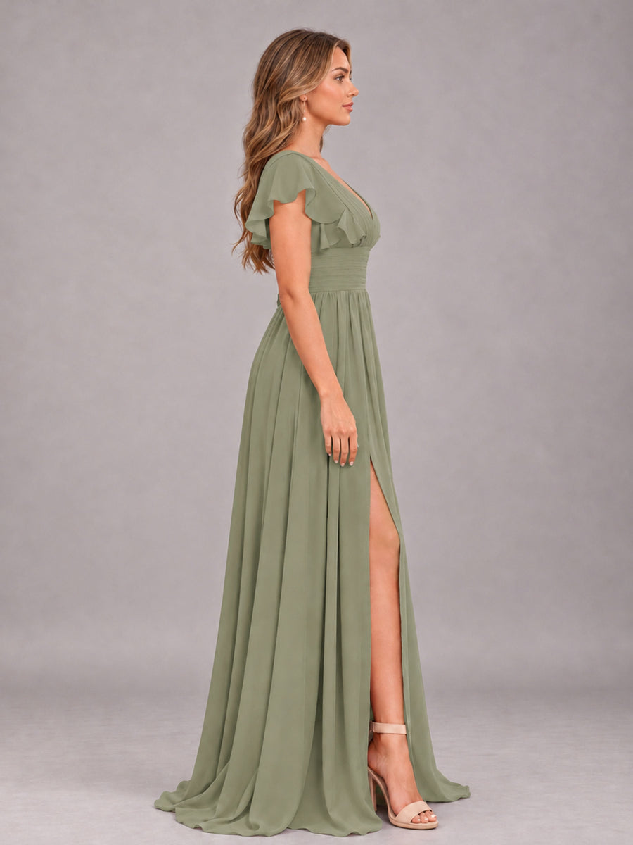 Olive Green Sexy V-Neck Slit Floor Length Bridesmaid Dress With Pockets