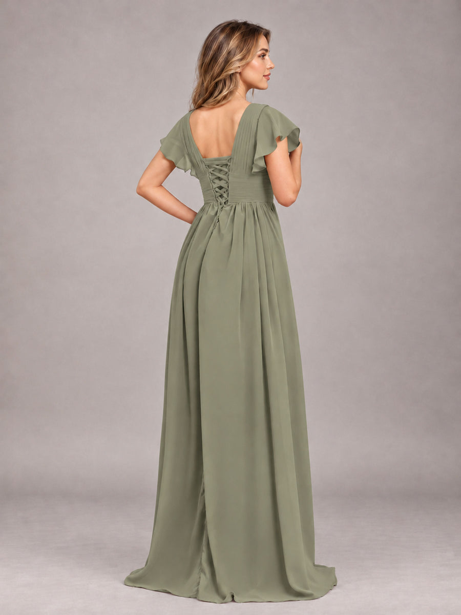 Olive Green Sexy V-Neck Slit Floor Length Bridesmaid Dress With Pockets