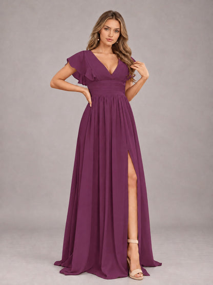 Plum Sexy V-Neck Slit Floor Length Bridesmaid Dress With Pockets